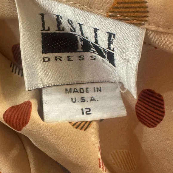 Vintage Leslie Fay Cream Tan Polkadot Long Sleeve Blouson Dress Union Made Sz 12 - Picture 6 of 10